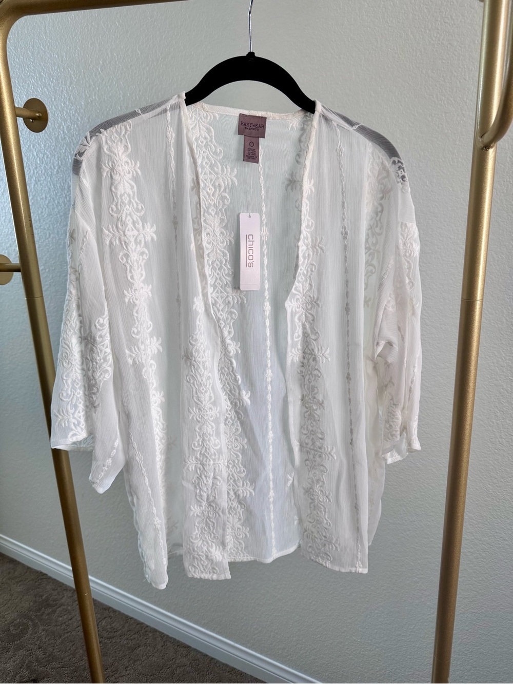 Chico's White Sheer Embroidered Open-Front Cardigan